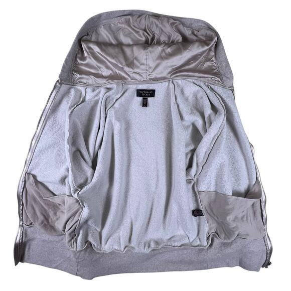 Vintage Victorias Secret Satin Lined Hoodie M | Gray Taupe Zip Up Y2K Loungewear - Picture 5 of 14